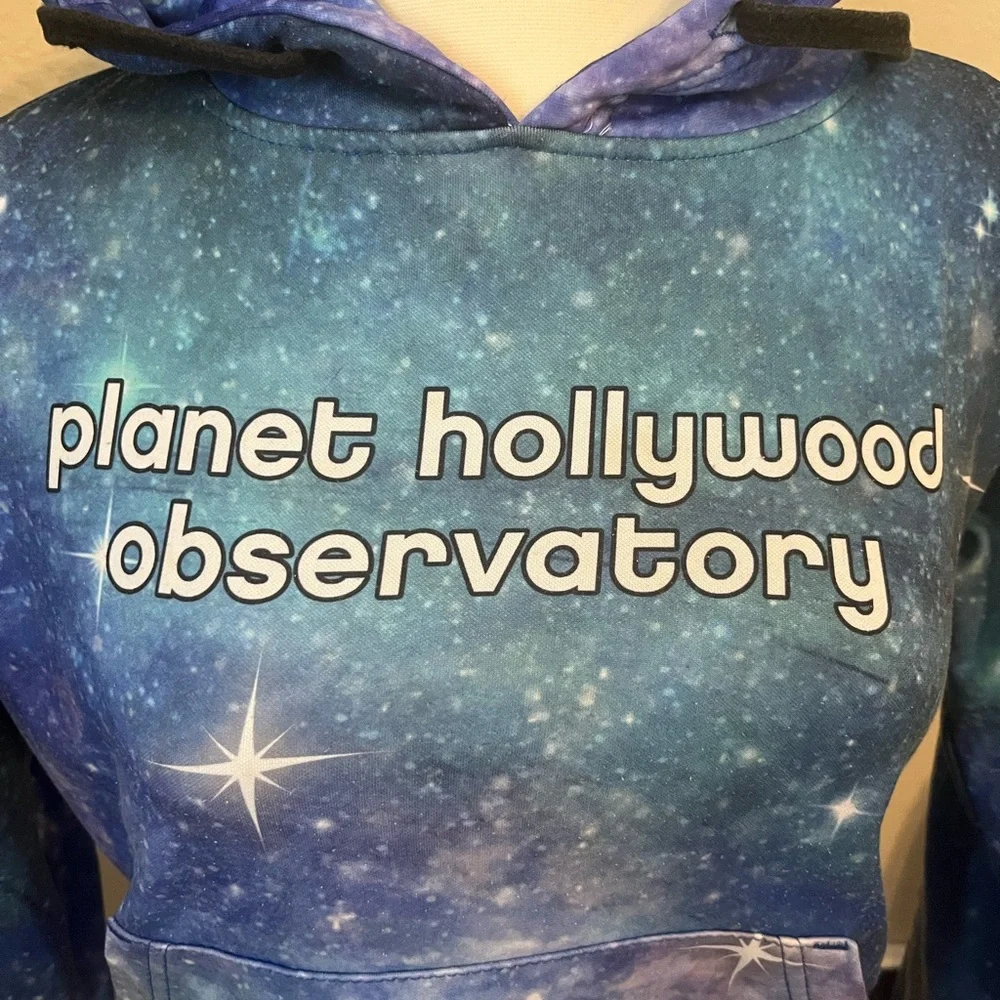 Planet Hollywood Blue Graphic Hoodie Size M Galaxy Sweatshirt Unisex Soft Space